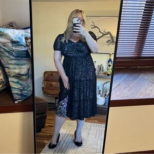 Torrid soft mesh midi dress sz 00 12 black multi print v neck cocktail party